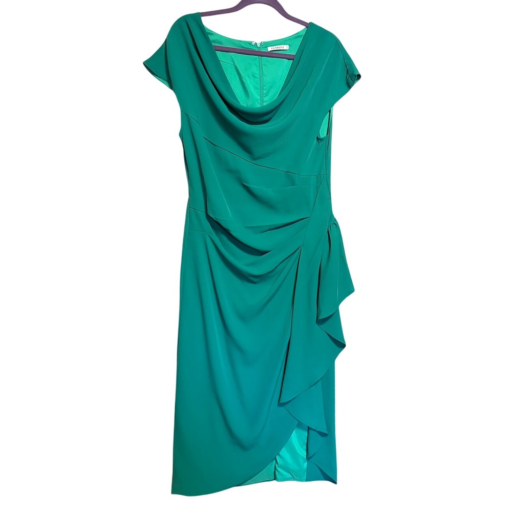 FEHAUTE Sheath Dress 10 Green Cowl Neck Ruffle Cocktail Wedding Guest 1647647#